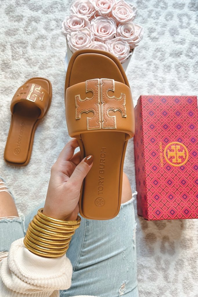 tory burch double t sport slide in brown