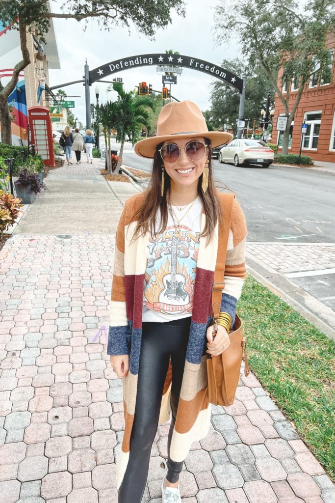 peaceful mornings colorblock cardigan with johnny cash tee and hermes evelyne