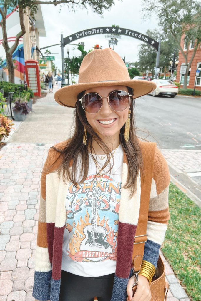 peaceful mornings colorblock cardigan with johnny cash tee and fedora