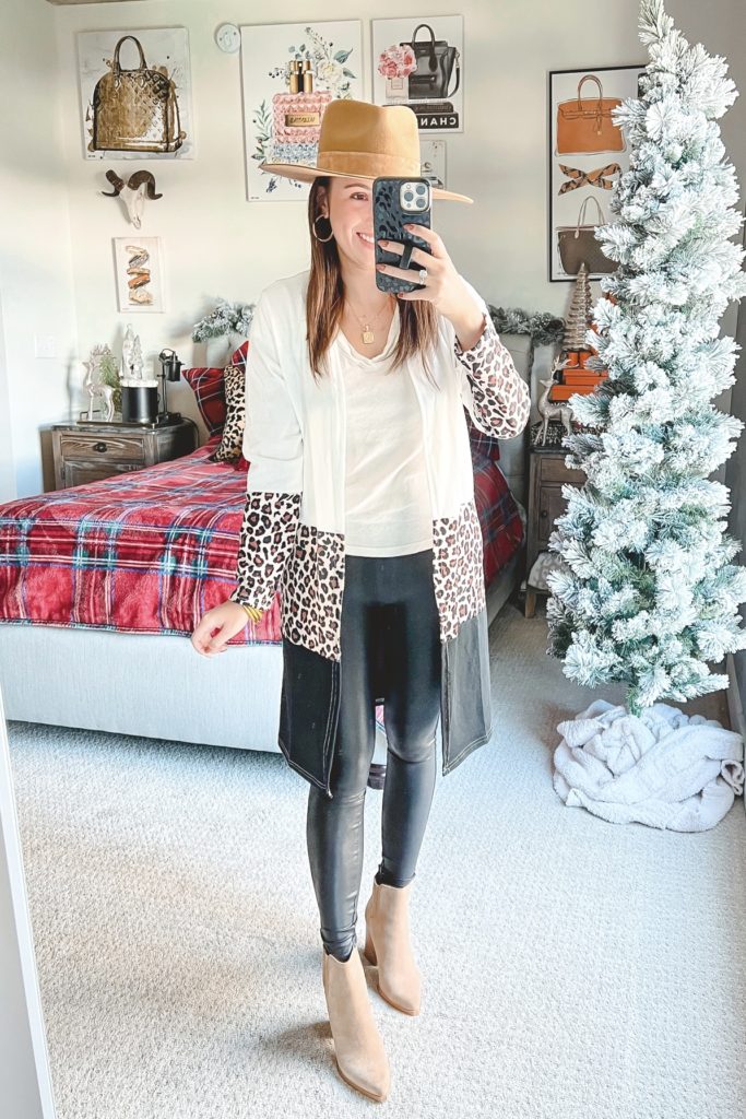 amazon leopard color block cardigan with spanx leggings and booties