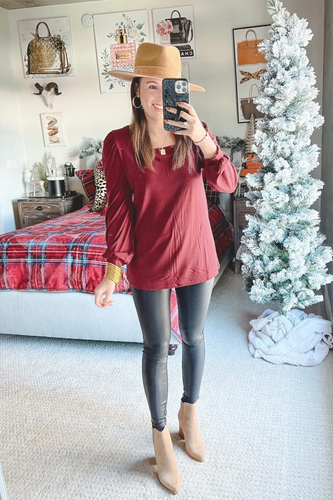 amazon burgundy puff sleeve top with spanx leggings and booties