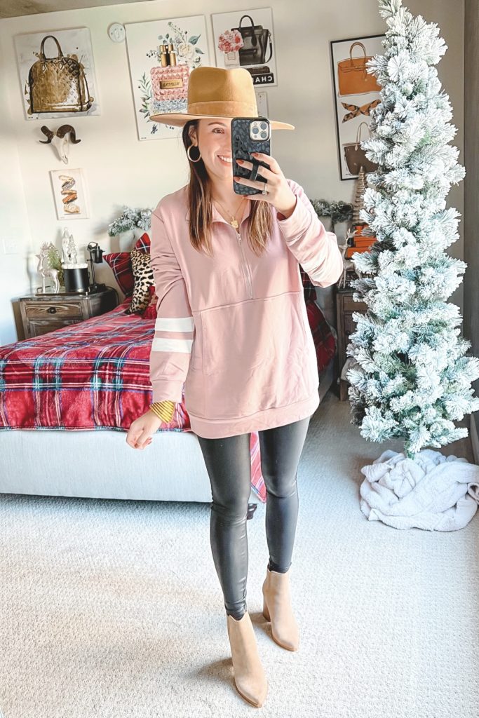 amazon pink quarter zip pullover with spanx and booties