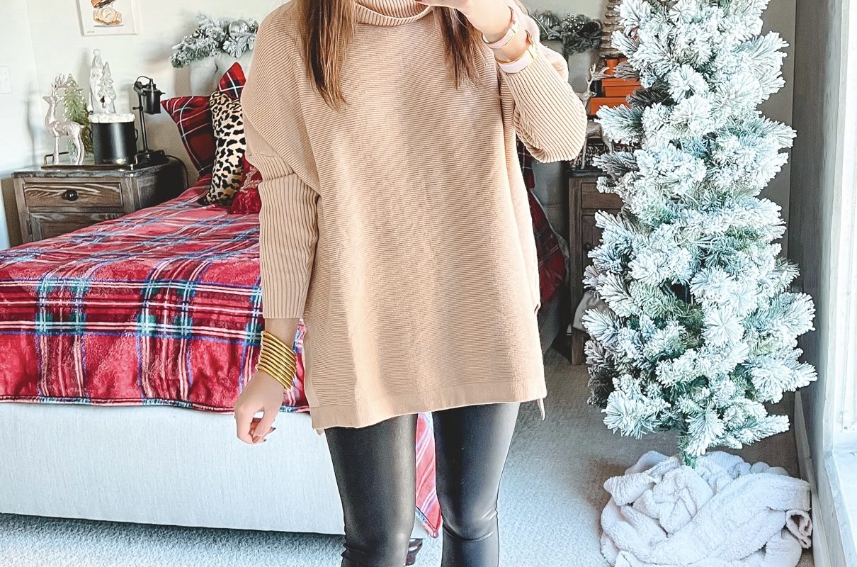 amazon brown tunic sweater with spanx leggings and booties