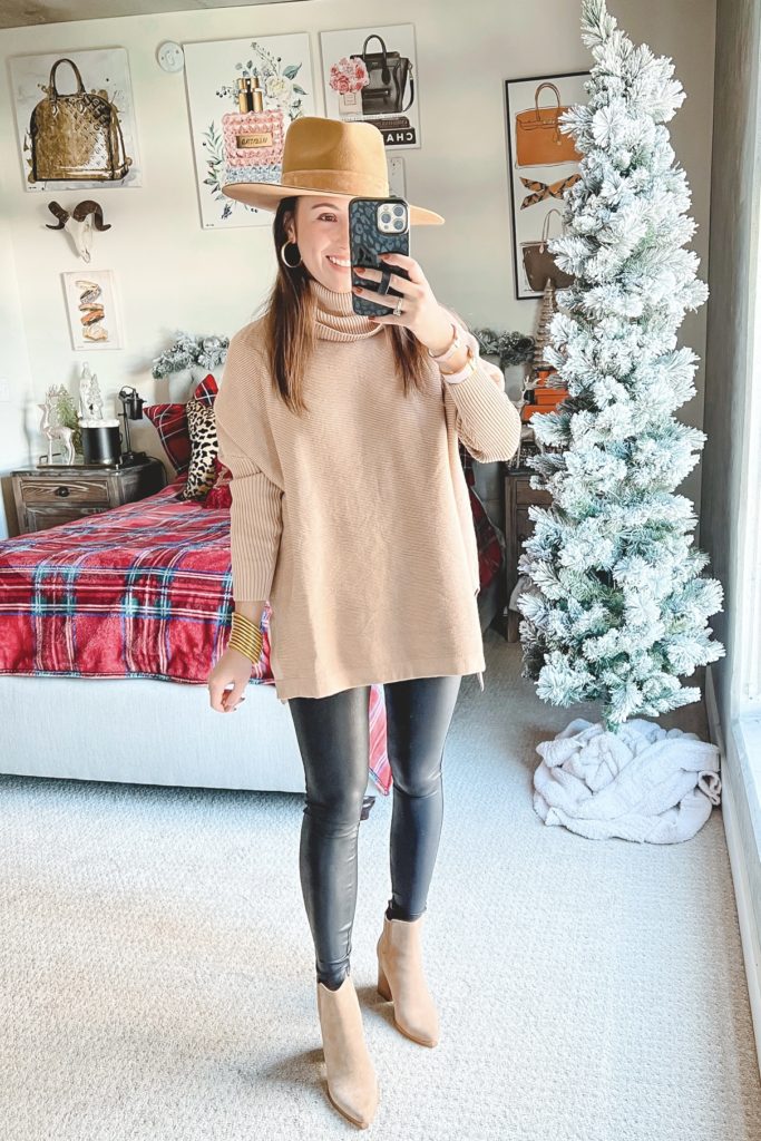 amazon brown tunic sweater with spanx leggings and booties