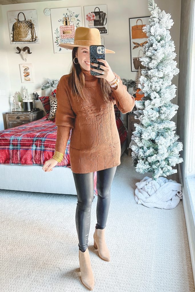 amazon ribbed brown turtleneck sweater with spanx and booties