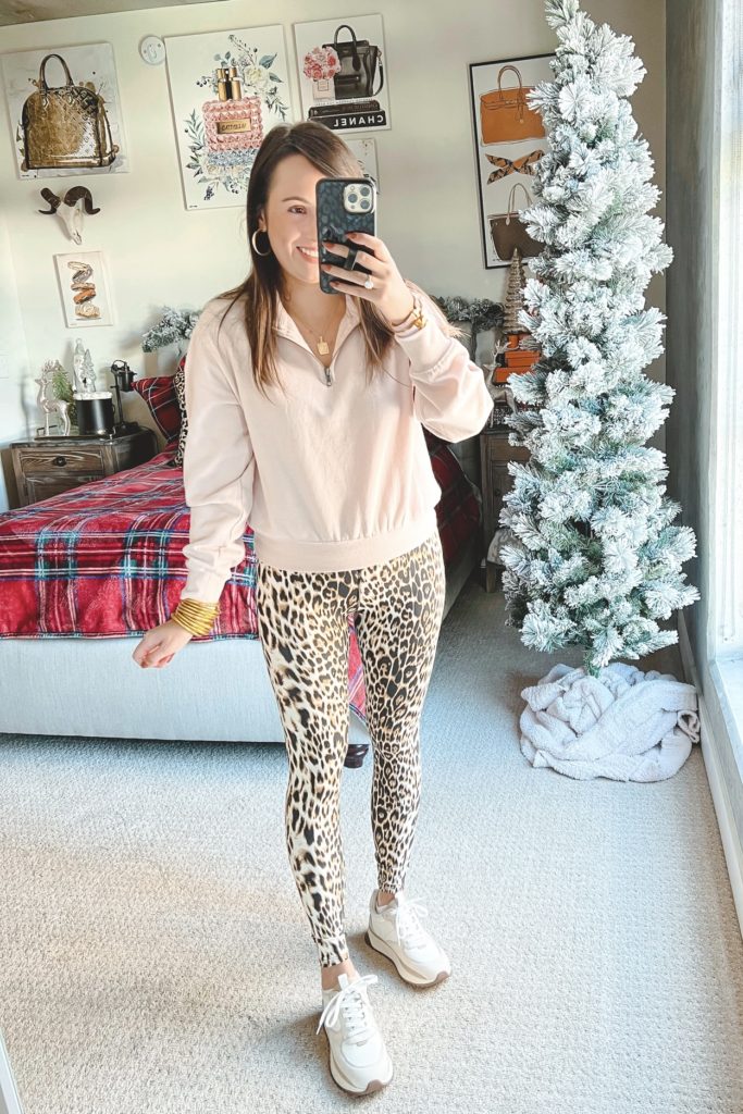 dona jo leopard leggings with pink half zip and sneakers