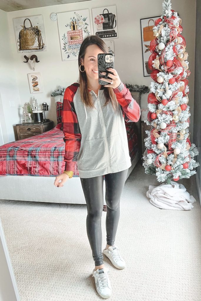 amazon plaid sleeve hoodie with spanx leggings and golden goose sneakers