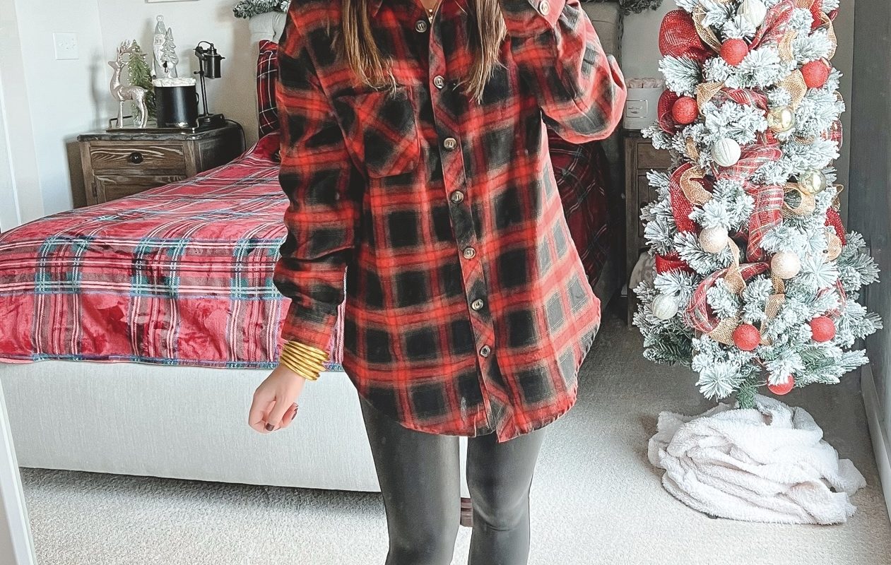 amazon plaid flannel with spanx leggings and golden goose sneakers