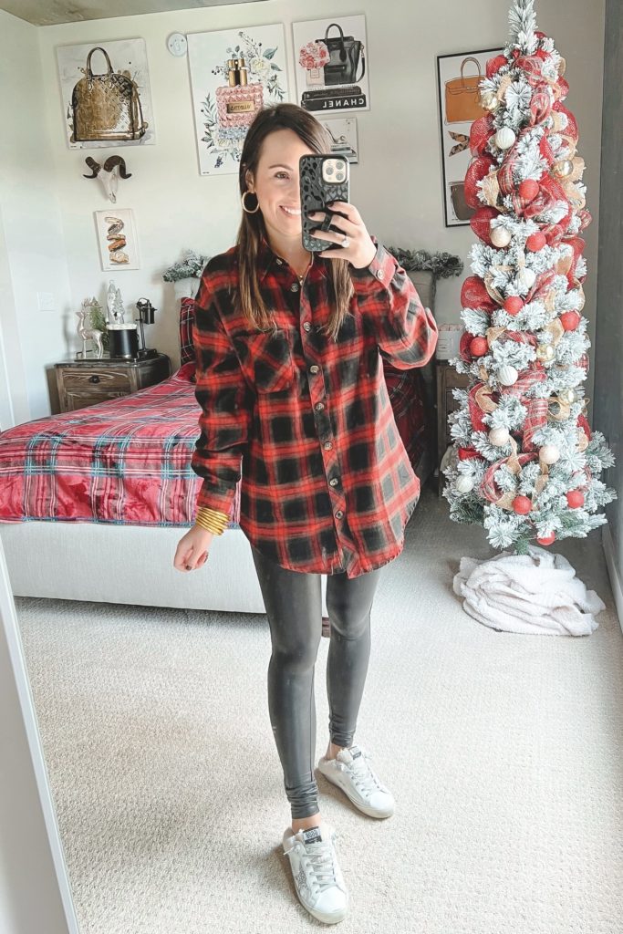 amazon plaid flannel with spanx leggings and golden goose sneakers