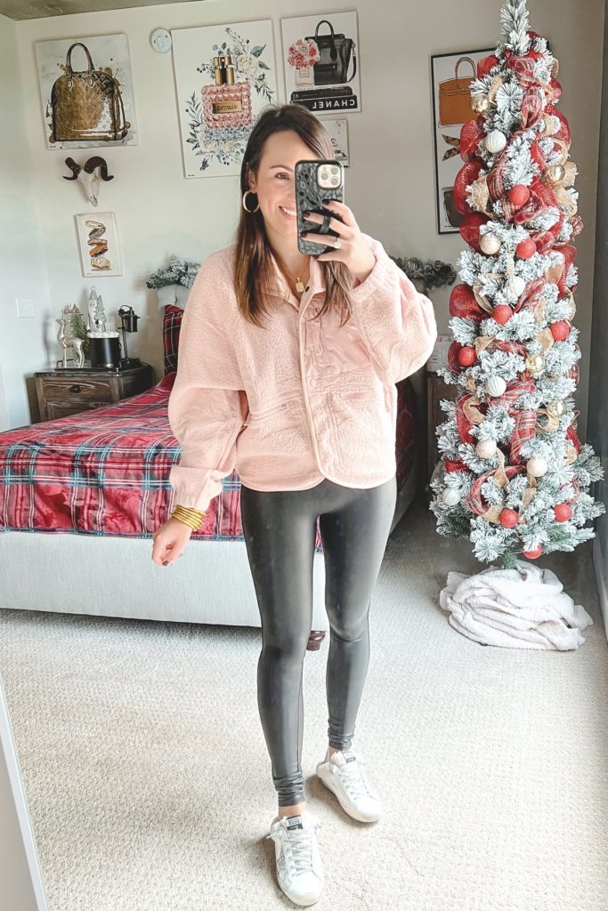 amazon pink fleece jacket with spanx leggings and golden goose sneakers