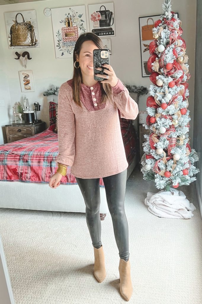 amazon holiday fleece top with spanx leggings and golden goose sneakers