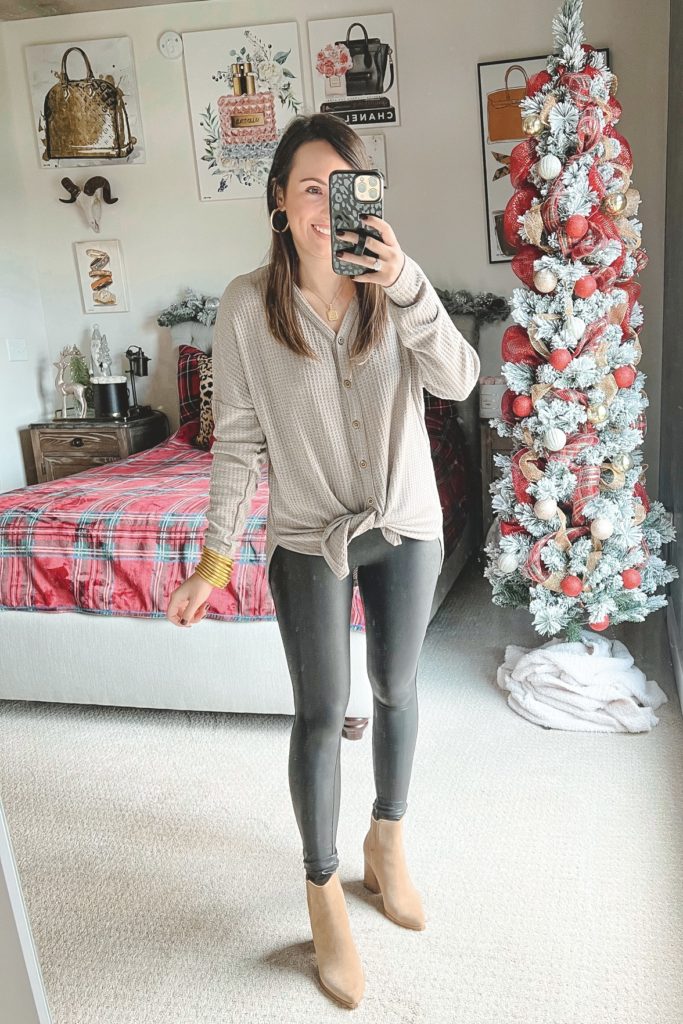 amazon holiday waffle knit top with spanx leggings and golden goose sneakers