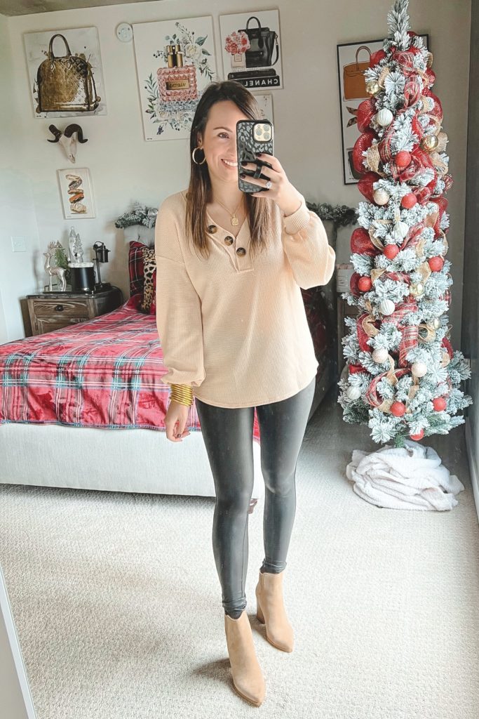 amazon holiday button knit top with spanx leggings and golden goose sneakers