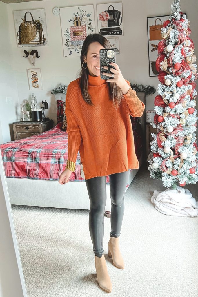 amazon holiday ribbed orange sweater with spanx leggings and golden goose sneakers