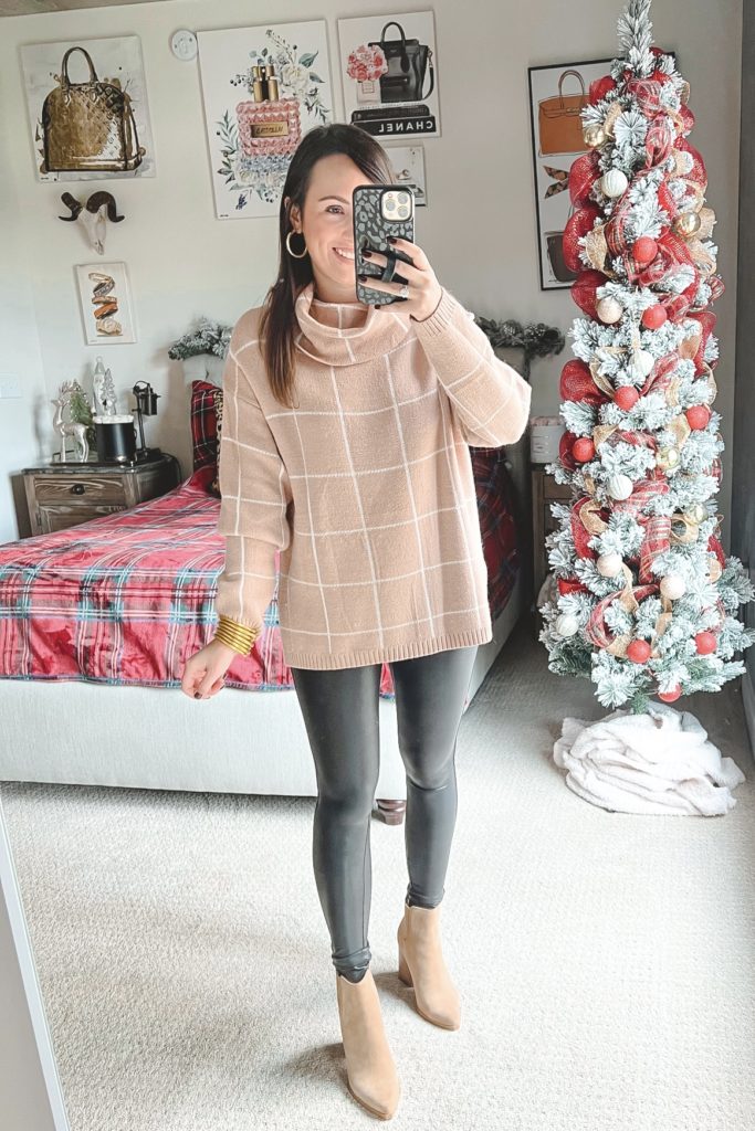 amazon holiday grid pattern sweater with spanx leggings and golden goose sneakers