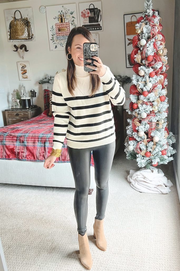 amazon holiday stripe sweater with spanx leggings and golden goose sneakers