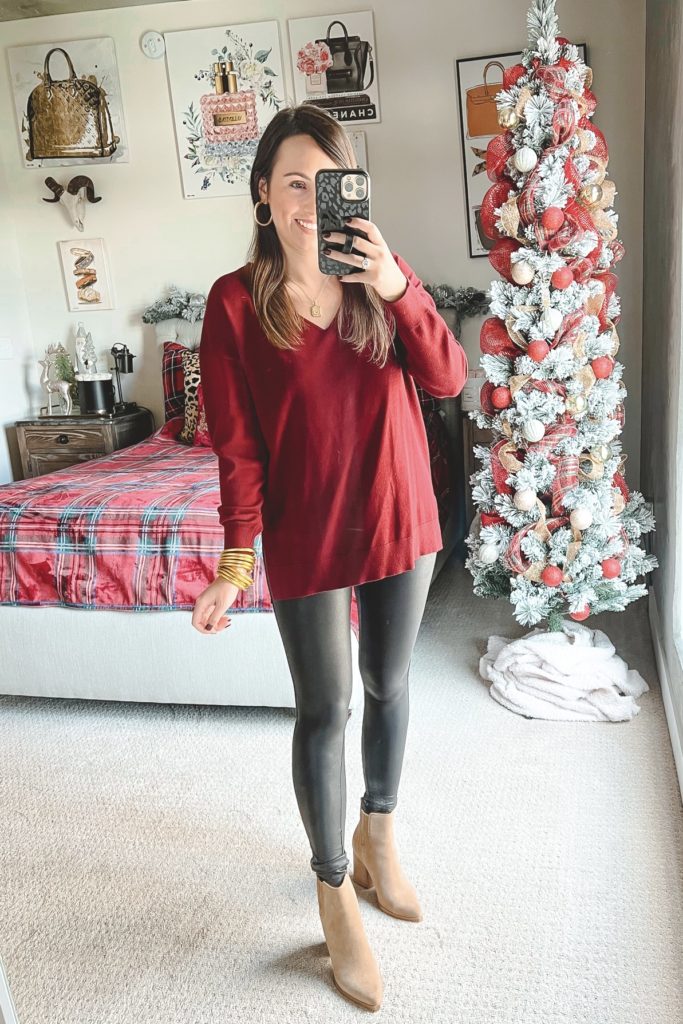 amazon holiday burgundy top with spanx leggings and golden goose sneakers