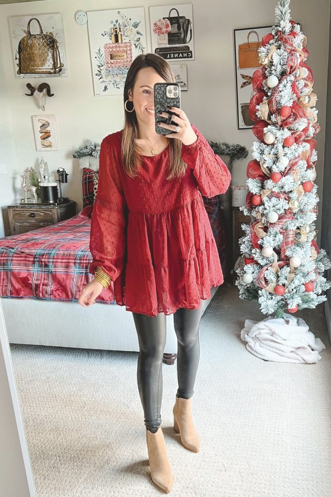 amazon holiday burgundy babydoll top with spanx leggings and golden goose sneakers