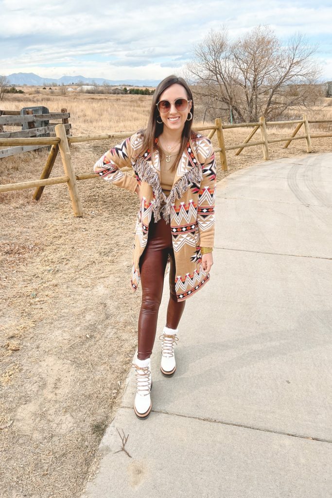 chaser folk duster with commando burgundy leggings and marc fisher izzie boots