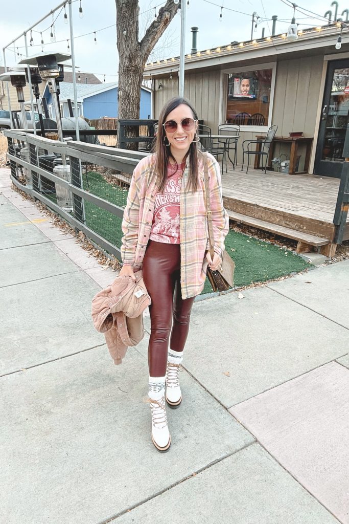 free people summer daydream top with janis joplin sweatshirt and commando burgundy leggings