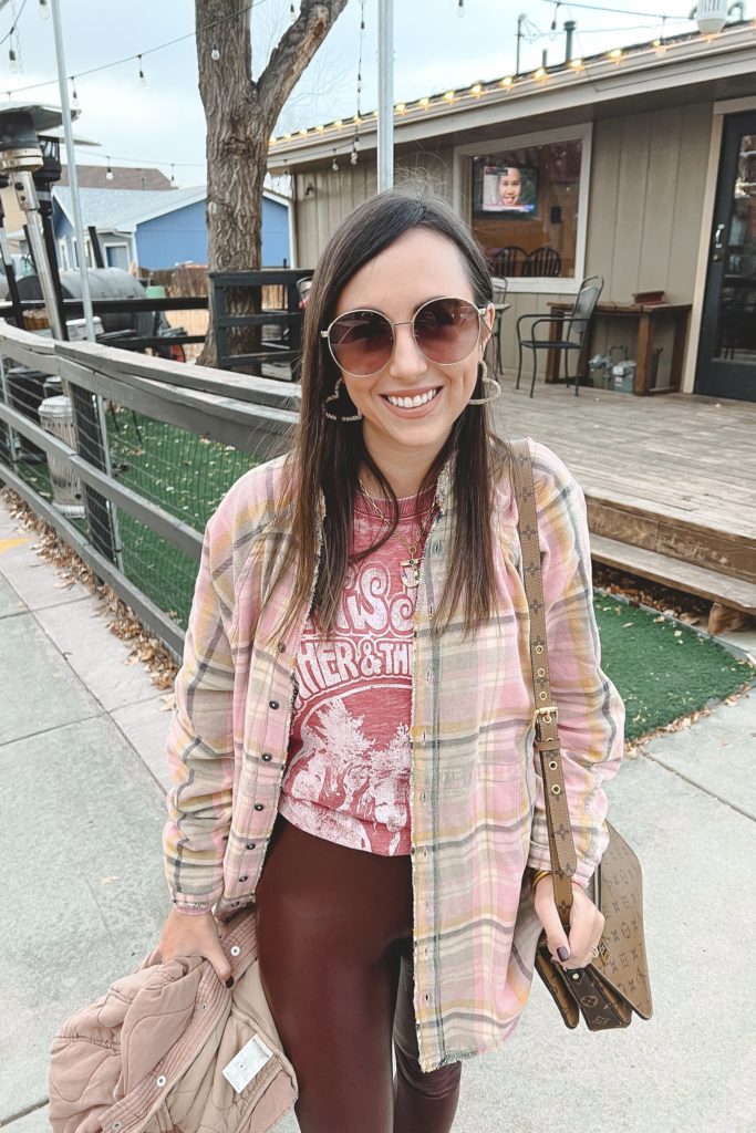 free people summer daydream plaid top with janis joplin sweatshirt and commando burgundy leggings