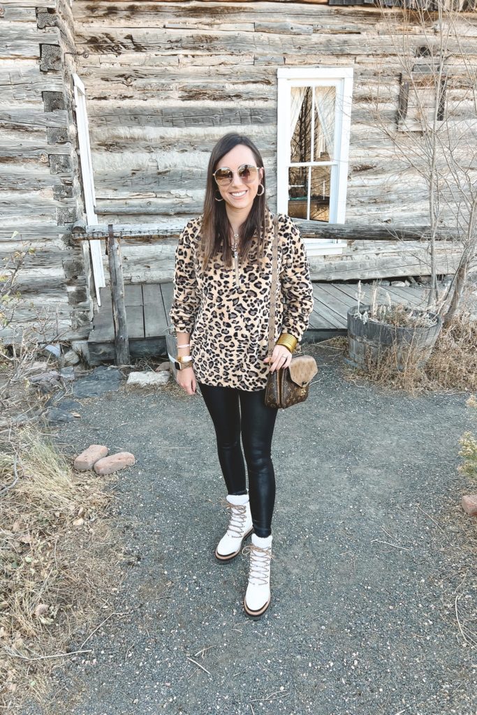leopard pullover with spanx faux leather leggings and marc fisher izzie boots