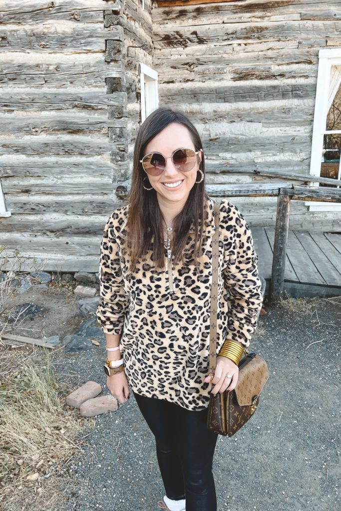 leopard pullover with spanx faux leather leggings and gucci sunglasses