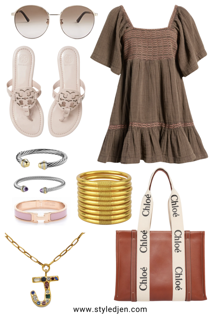 free people easy to love dress with chloe woody tote and tory burch sandals