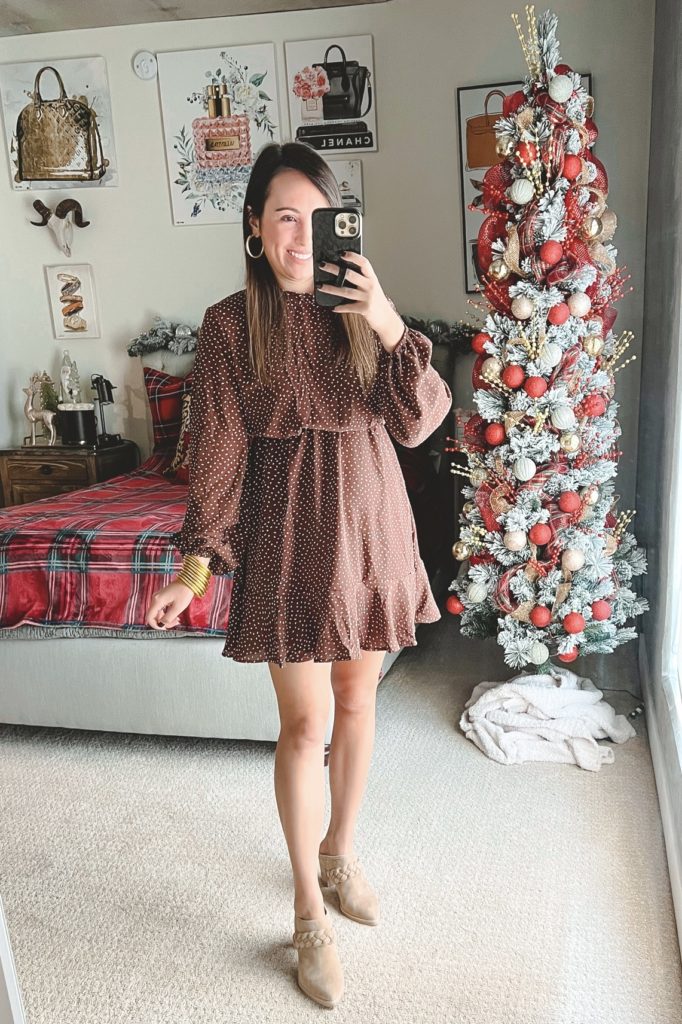 amazon winter outfit with polka dot dress and mules