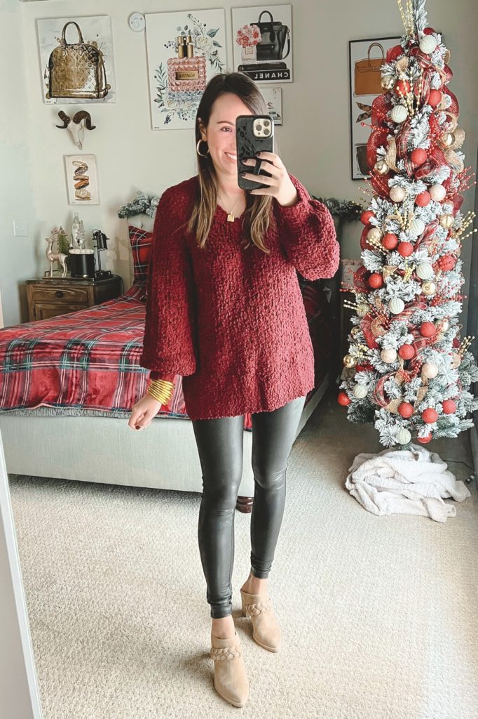 amazon winter outfit with red popcorn sweater, spanx leggings and mules