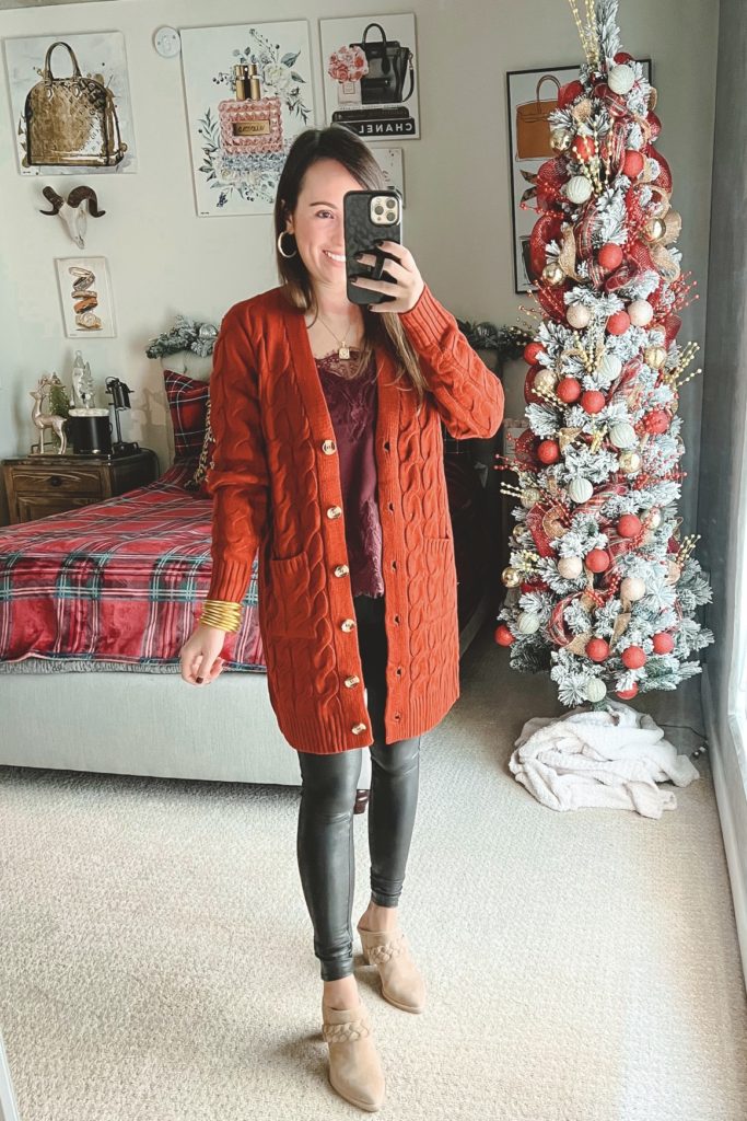 amazon winter outfit with cable cardigan, spanx leggings and mules