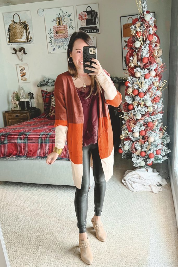 amazon winter outfit with stripe cardigan, spanx leggings and mules
