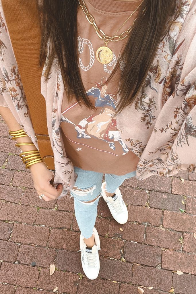johnny cash tee with floral kimono and rach moon sequin necklace