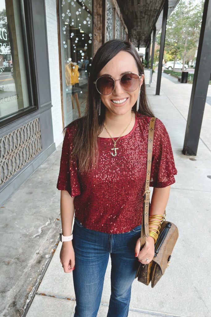 skies are blue sequin top with mother insider denim and initial necklace