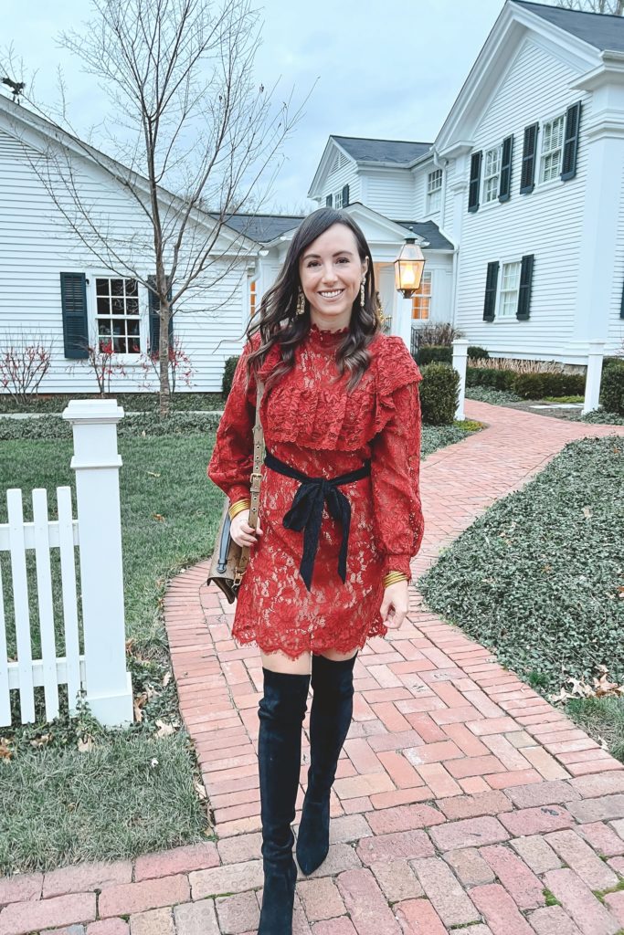 flying tomato red lace dress with black over the knee boots