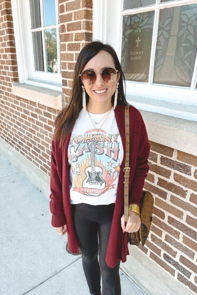 pocket of fun times cardigan with johnny cash tee and faux leather leggings