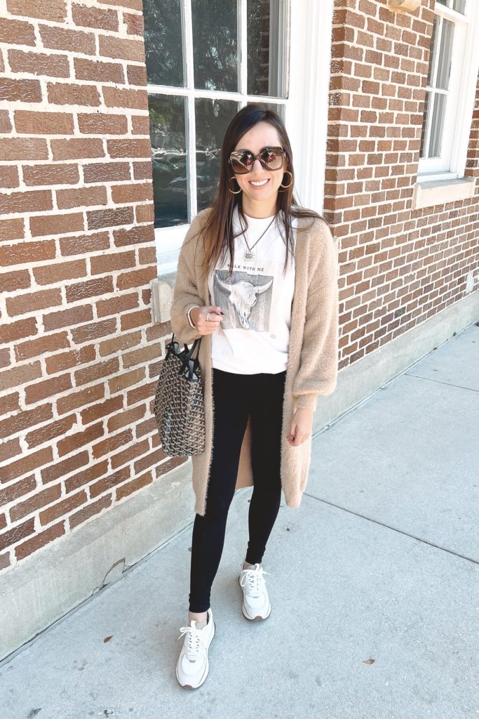 beige eyelash cardigan with anine bing tee and leggings