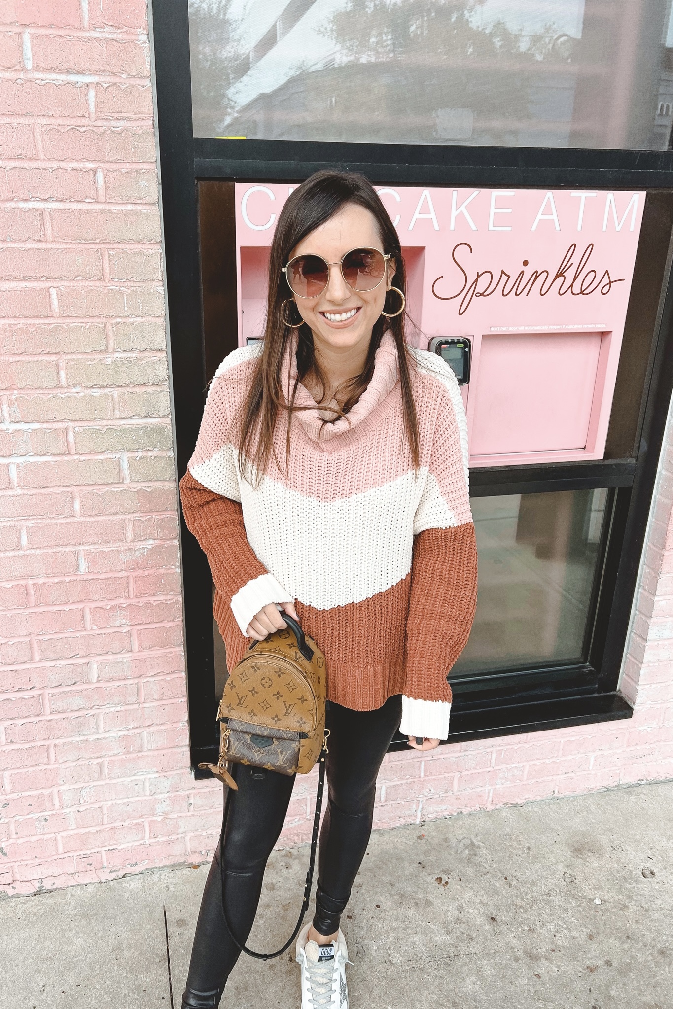 pink brown chevron chenille sweater with spanx and louis vuitton palm springs mini