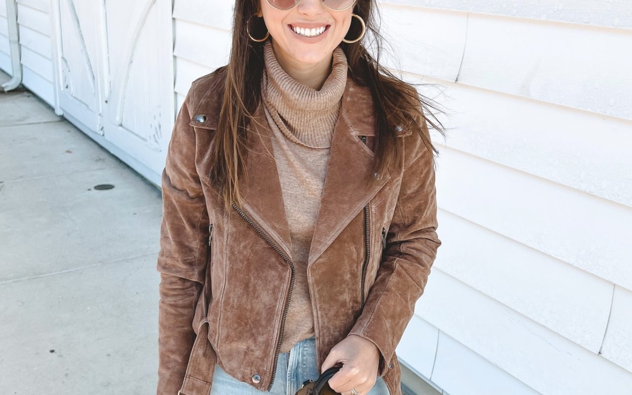 blanknyc suede moto jacket with mother jeans and turtleneck