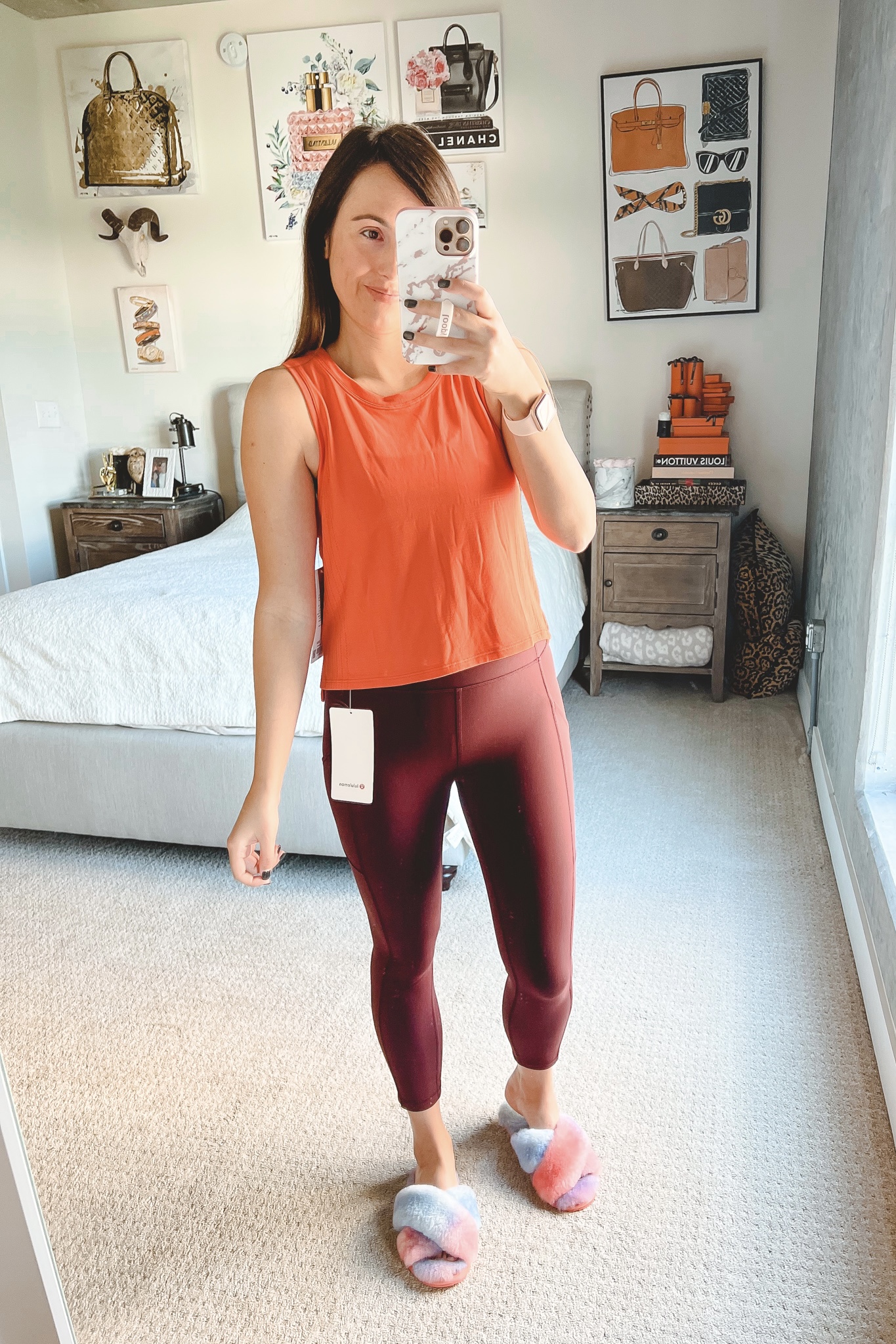lululemon train to be tank warm coral with invigorate leggings cassis