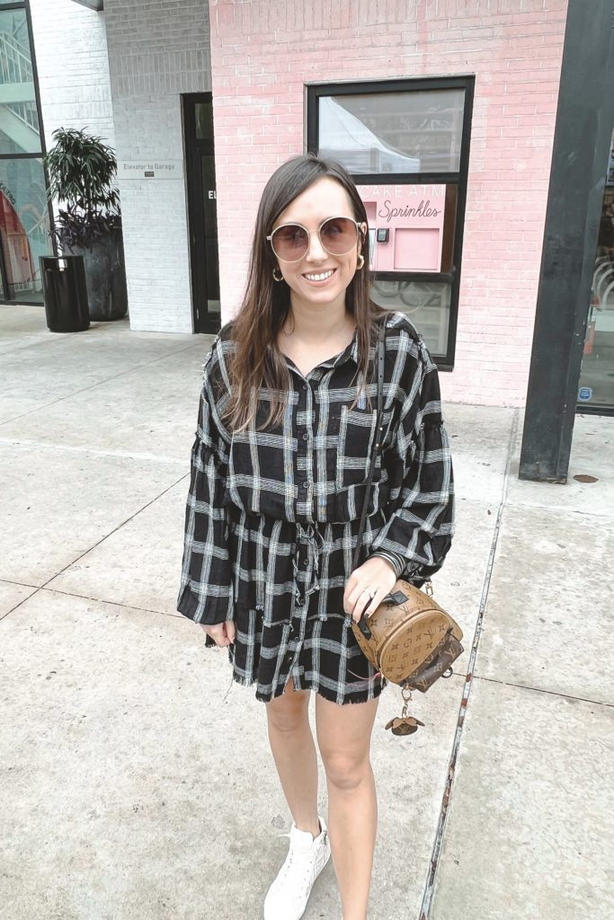 vintage havana black plaid dress with high top sneakers and louis vuitton palm springs mini