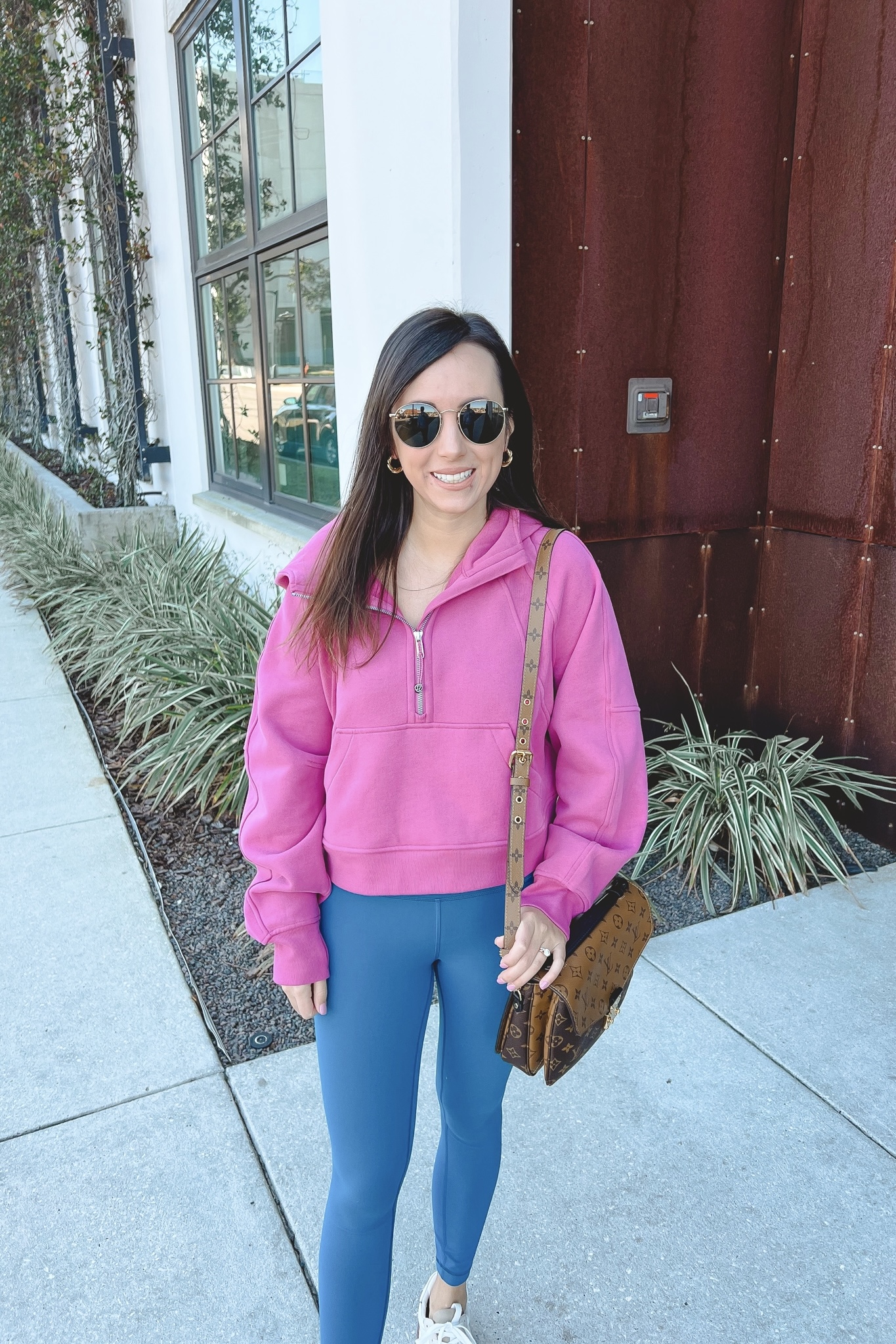 lululemon pink lychee scuba oversized hoodie with capri wunder train leggings and madewell trainers