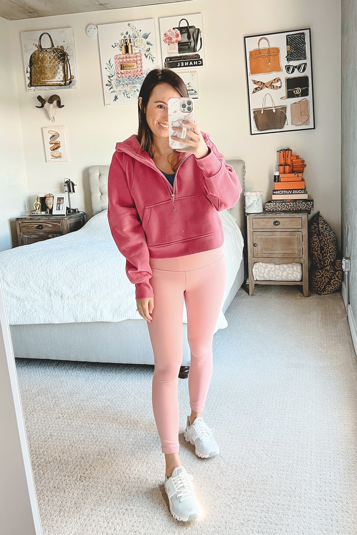 lululemon pink lychee scuba oversized hoodie with pink puff align leggings and on cloudswift sneakers