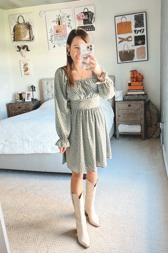 amazon sage green polka dot dress with jeffrey campbell dagget boots in latte