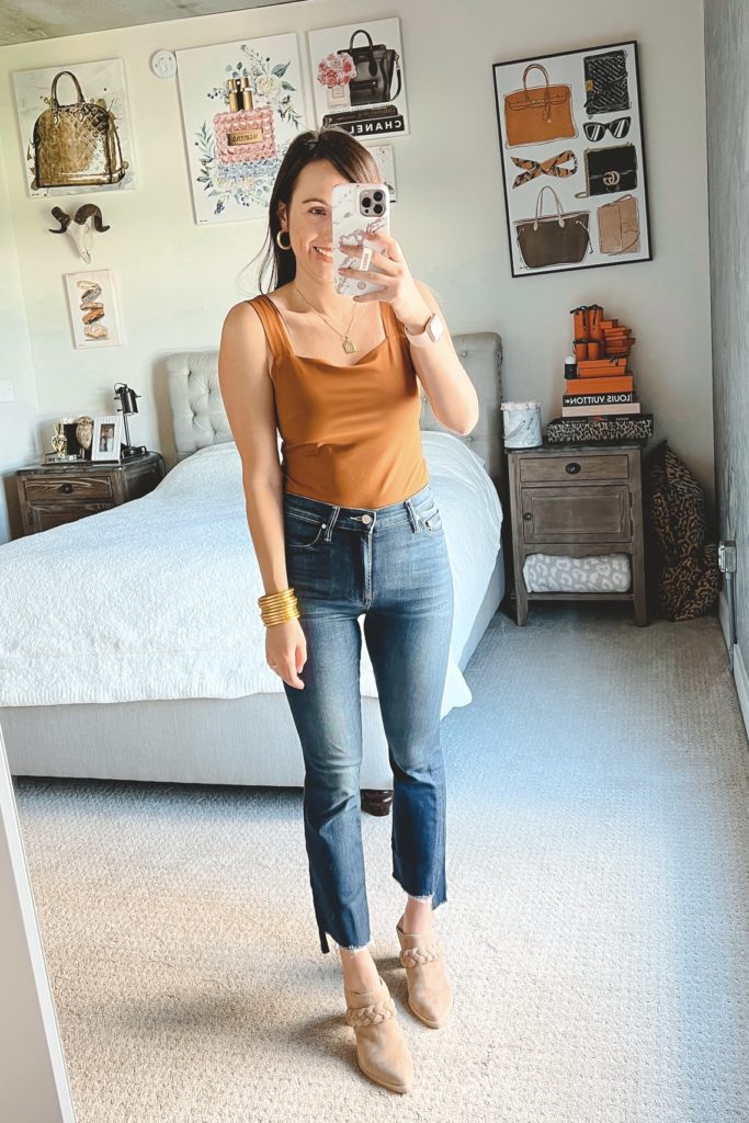 amazon rust bodysuit with mother kick flare denim and mules