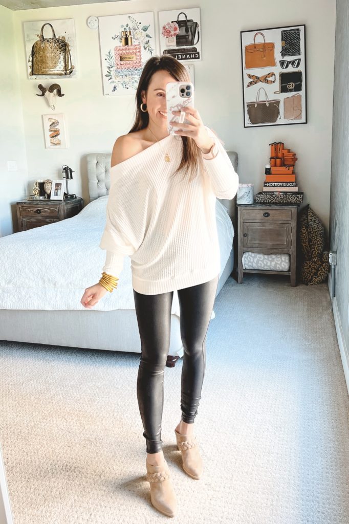 amazon white off the shoulder waffle knit with spanx faux leather leggings and mules