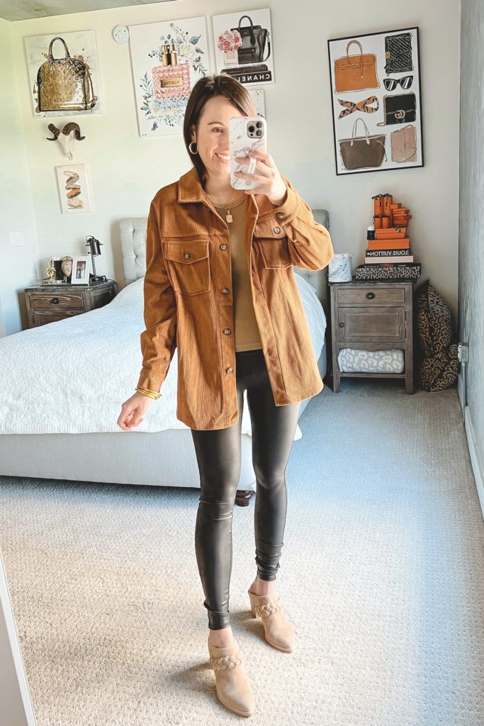 amazon rust corduroy shacket with spanx faux leather leggings and mules