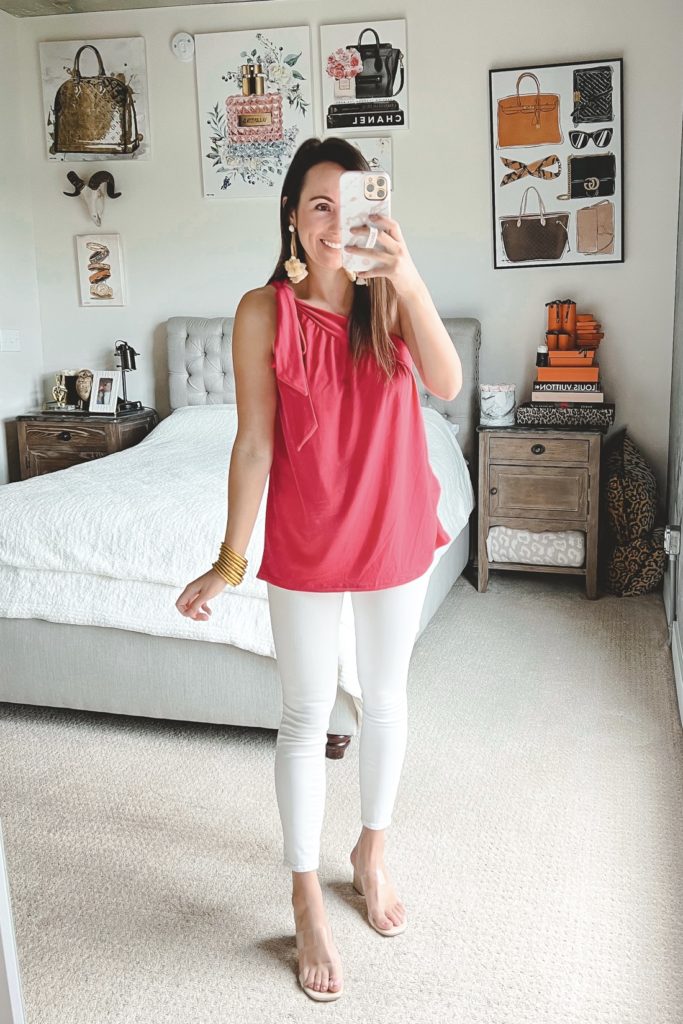 amazon pink one shoulder top with white jeans and heels