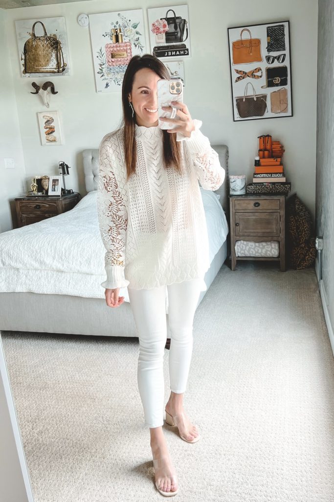 amazon white crochet sweater with white jeans and heels