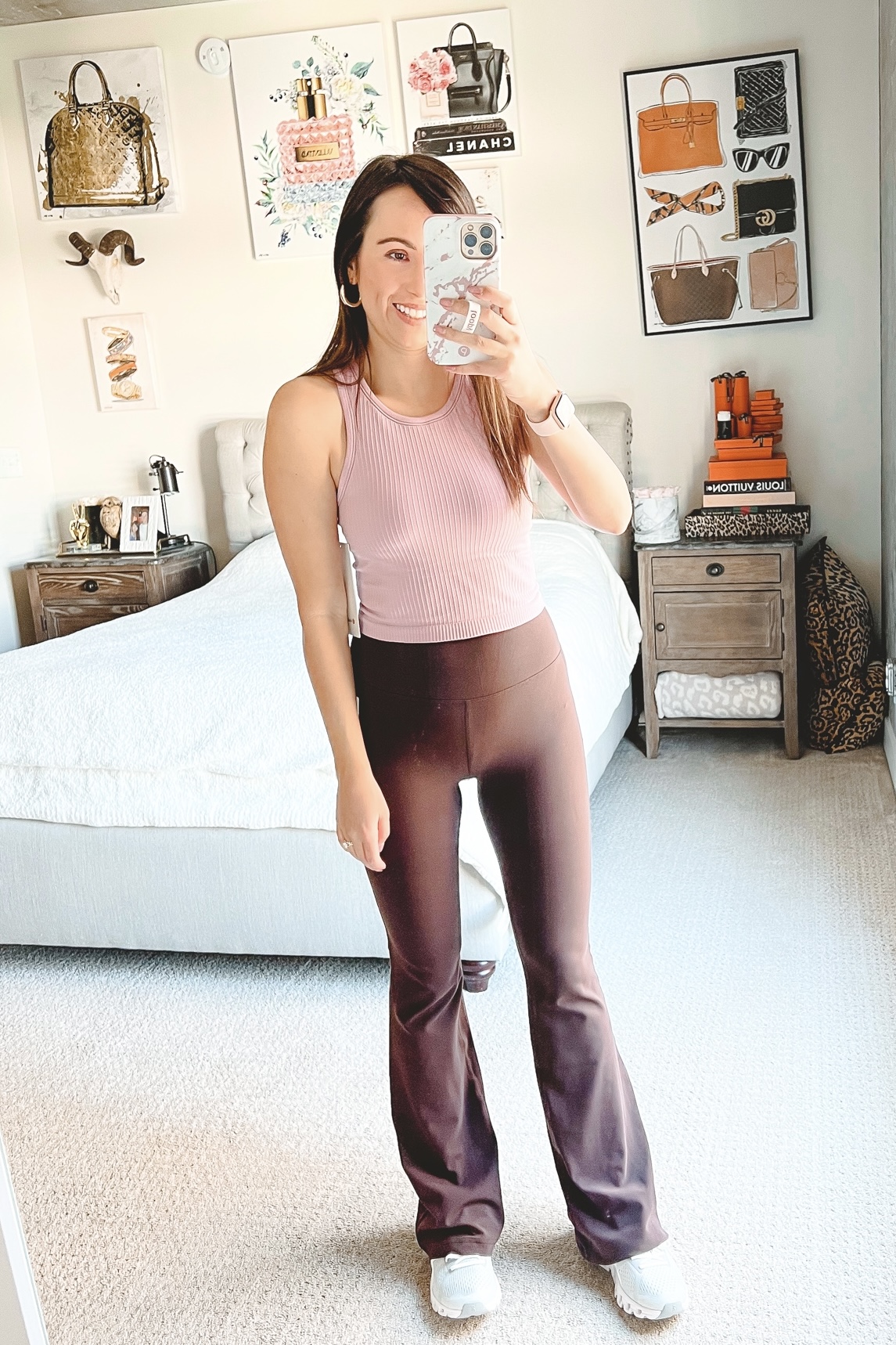 lululemon ebb to street crop tank pink taupe with lululemon groove flares french press